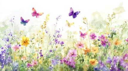 Fototapeta premium 8.A vibrant, watercolor-style illustration featuring a field of wildflowers in full bloom, with delicate butterflies fluttering above them. The flowers are in soft shades of purple, pink, and yellow,