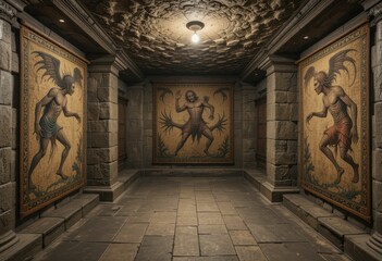 Ancient Artworks in a Stone Corridor Surrounded by Shadowed Walls