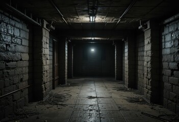 Dark and Eerie Underground Hallway with Stone Walls and Shadows