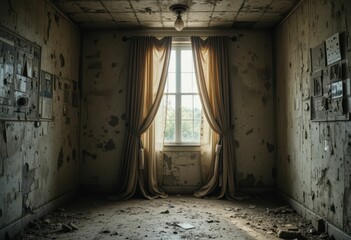 Abandoned Room with Natural Light and Dusty Window Drapes