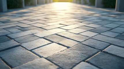 Sunlight on Geometric Stone Pavement Plaza - Outdoor plaza scene, sunlight illuminating geometric stone pavement, conveying concepts of design, texture, warmth, path, and urban space