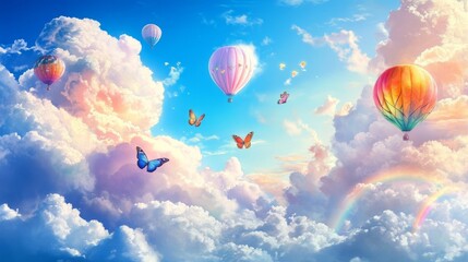 Fototapeta premium 19.Beautiful Fluffy Clouds with Butterflies, Hot Air Balloons, and Rainbow