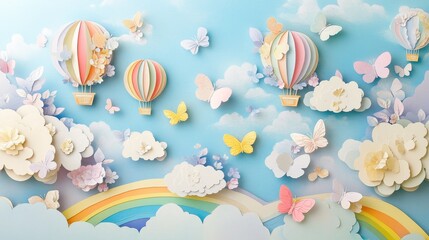 Naklejka premium 22.A charming, paper-cut style design of fluffy clouds and bright butterflies, with hot air balloons drifting in a clear blue sky. The design features soft pastel colors, with a rainbow gently