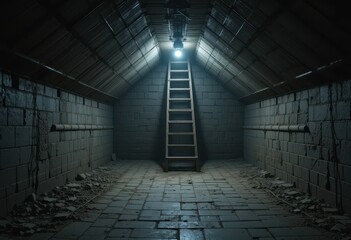 Dark and Mysterious Attic with Ladder and Dim Lighting Effects