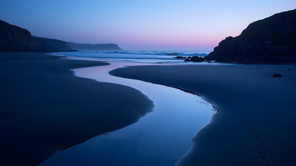 Obraz premium A winding river flows through a dark sandy beach at twilight, reflecting soft colors of the sky, with rugged cliffs in the background, creating a serene and tranquil coastal scene.