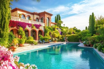 Fototapeta premium Luxurious Mediterranean villa with pool and vibrant garden. (1)