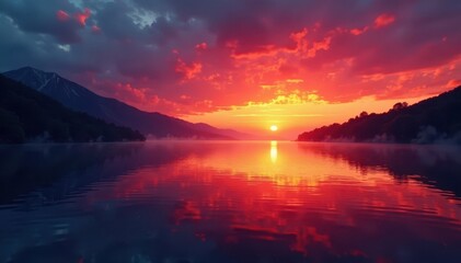 Fototapeta premium Crimson sunset fire mirrored on glassy lake surface, crisp air , orange, clouds, landscape