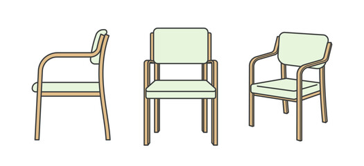 肘掛けつきの椅子を色々な方向から見たイラストのセット
