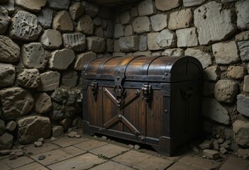 Vintage Wooden Treasure Chest in Stone Wall Surrounding