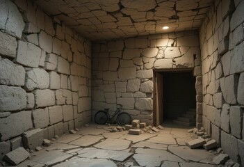 Underground Room with Stone Walls and Abandoned Bicycle in Corner