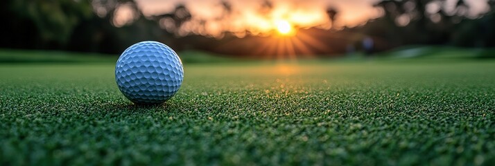 Photo of a golf ball on the green grass, ready for play in an outdoor sporting event. Web banner with copy space on the right, Wide Background