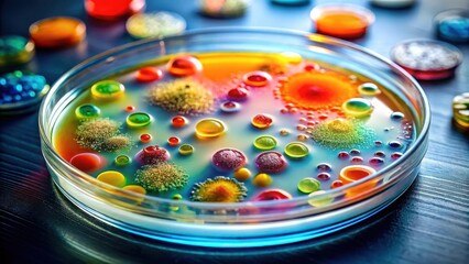 Close-up of a petri dish containing a viral culture growing on a agar surface displaying vibrant colors and unique shapes, virus, scientific research