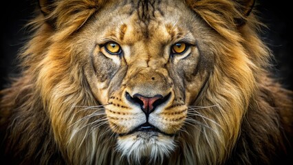 Fototapeta premium Fierce and powerful lion face with piercing yellow eyes and sharp bared teeth, showcasing its natural instincts , predatory behavior, feral creatures