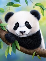 Fototapeta premium Adorable Panda Cub Playing in Tree - A cute baby panda playfully clings to a tree branch, symbolizing nature, innocence, peace, playfulness, and endangered species