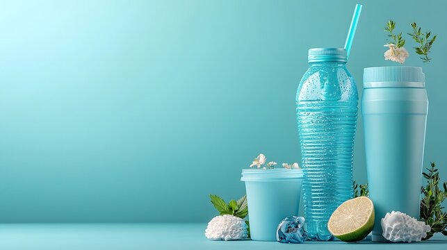 Eco Friendly Plastic Bottles Made from 100 Recycled Materials Neatly Arranged in Studio with Ample Copy Space for Branding or Text Overlay