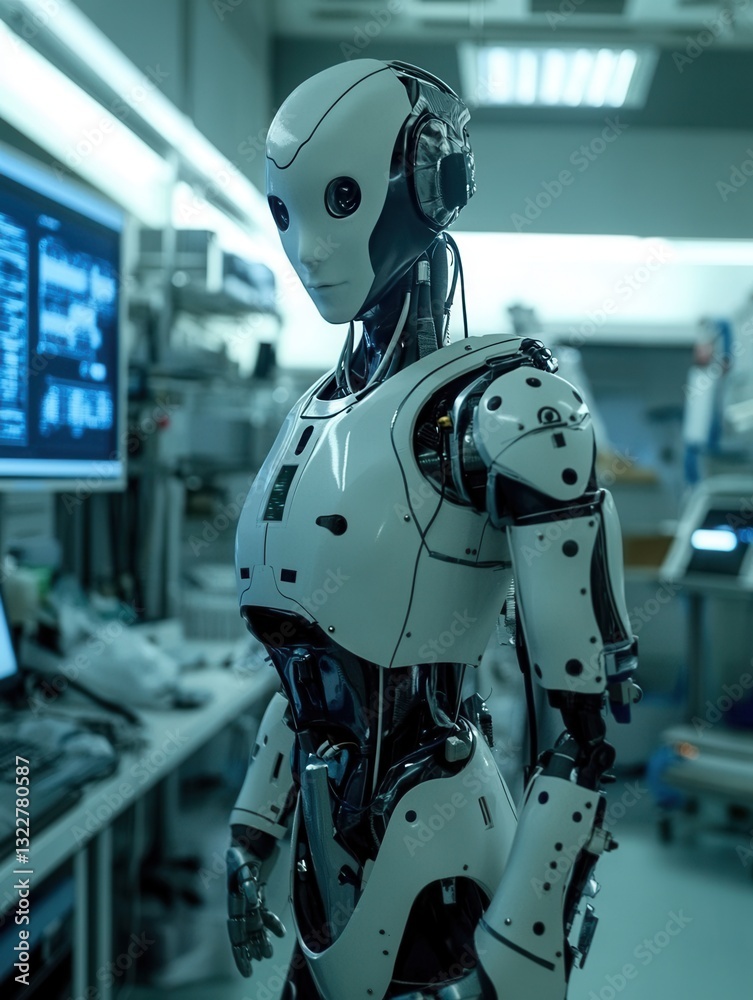 Aufkleber Robot stands in advanced laboratory with blinking lights and computer screens performing tasks in a high-tech environment during research hours