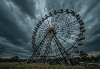Abandoned Ferris Wheel Against Dramatic Sky in Rural Setting