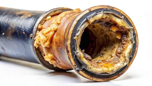 A pipe with a thick layer of grease and fat clogging the inside, pipe repair, gunk buildup