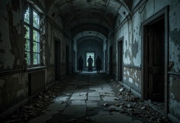 Obraz premium Eerie Abandoned Hallway with Shadows in an Old Dilapidated Building