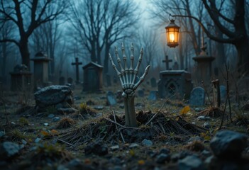 Eerie Graveyard Scene with Skeleton Hand Emerging from Ground