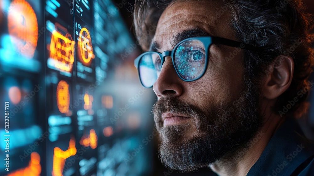 Fototapete A person closely examines a display filled with intricate data visualizations related to quantum computing, algorithms, and neural networks.
