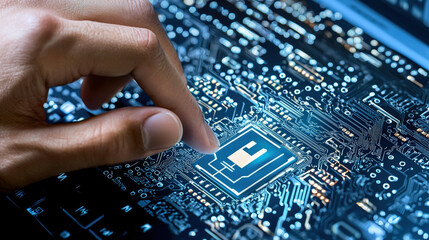 Obraz premium Hand touching microchip on circuit board, symbolizing technology and innovation. intricate design showcases complexity of modern electronics