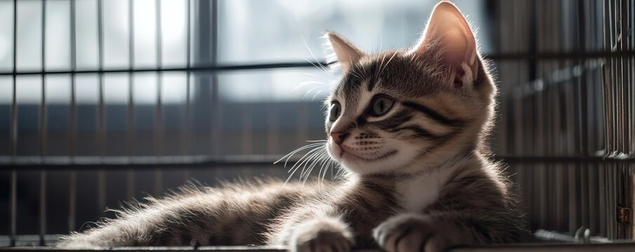 A striped kitten resting inside a wire cage and looking away