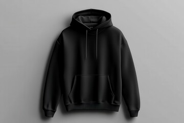 Black hoodie displayed against a neutral background, showcasing its design and texture