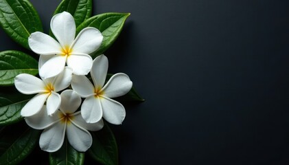 Fototapeta premium Clusters of jasmine flowers, stark white against a matte black surface , graphic, serene