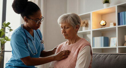Fototapeta premium African female nurse assisting elderly caucasian woman in home care setting