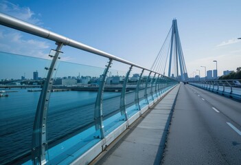 Obraz premium Modern Suspension Bridge with Clear Blue Skies and Calm Waters