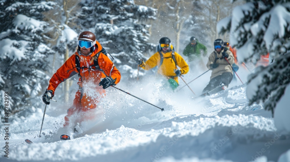 Poster a group of enthusiastic skiers glides through pristine snow on a sunny winter day, showcasing their 