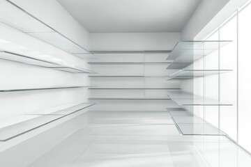 Empty Modern Retail Space with Glass Shelves and Minimal Design