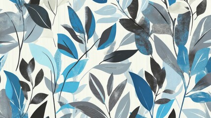 110.A vibrant and contemporary seamless pattern featuring monotone blue and grey silhouettes of tropical foliage and striped leaves, all highlighted with colorful mood accents. The design is perfect