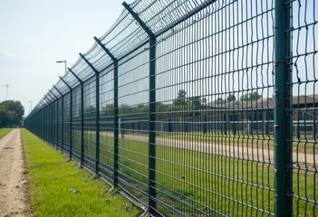 Fototapeta premium Chain Link Fence Along a Gravel Path in Bright Sunny Daylight