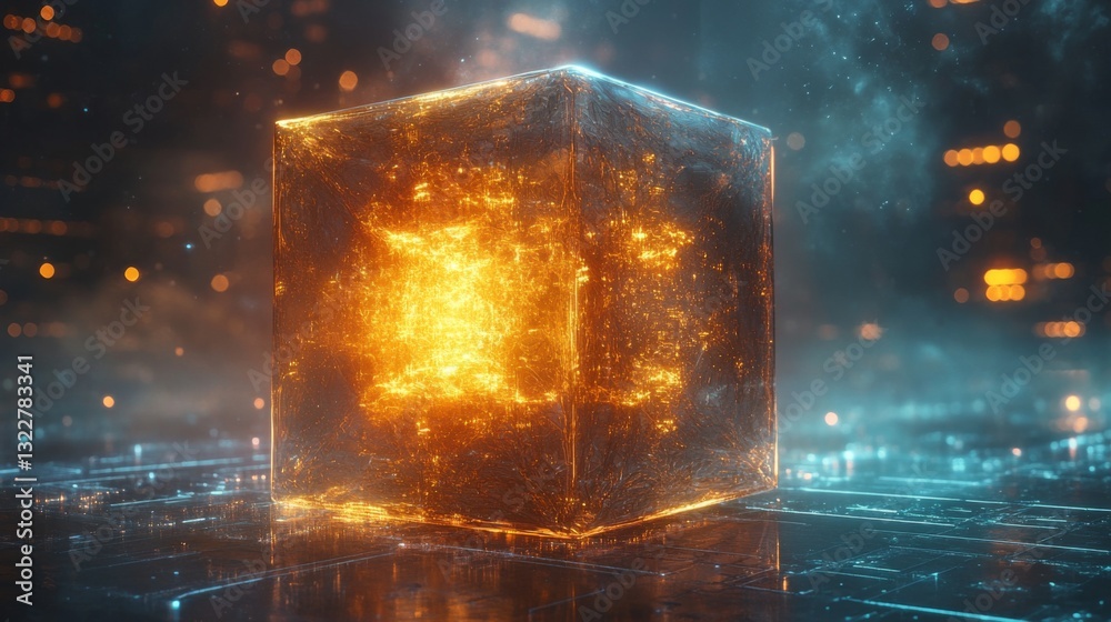 Fototapete A radiant cube encapsulates the essence of quantum mechanics, highlighting concepts like superposition and entanglement in a futuristic environment filled with digital elements.