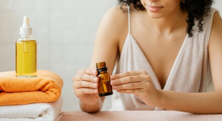 Fototapeta premium African female adult holding essential oil bottle in relaxing spa environment