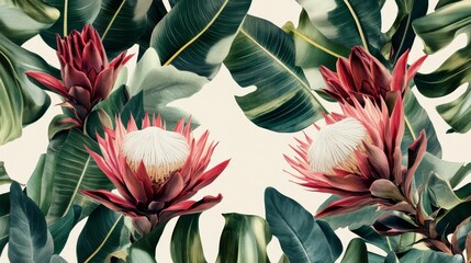 119.A seamless design featuring the striking protea flower and glossy Ficus Elastica leaves in a lush tropical setting. The soft, light background allows the vibrant flowers to pop, creating a