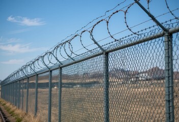 Barbed Wire Fence Under Blue Sky with Open Fields in Background