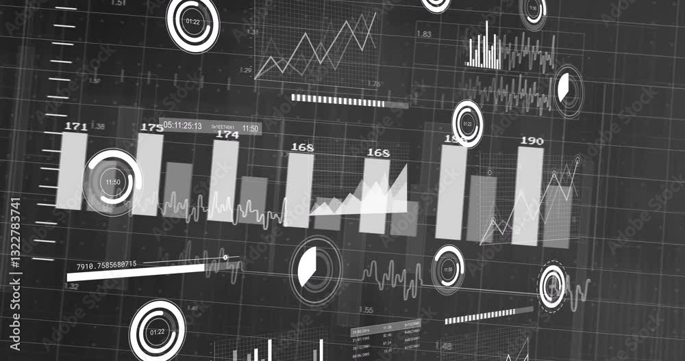 Poster Animation of digital graphs and charts showing data analysis on dark background