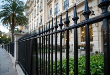 Elegant Black Fence in Front of Luxury Building with Palm Trees