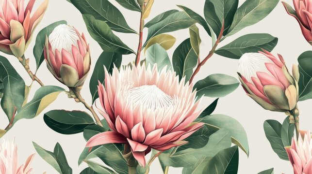 120.A beautiful seamless pattern with large protea flowers and Ficus Elastica leaves, set on a light background. The exotic design, rich in botanical details, is perfect for tropical prints, home