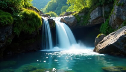Naklejka premium Crystal clear water plunges over mossy mountainside , flora, ecosystem, peaceful