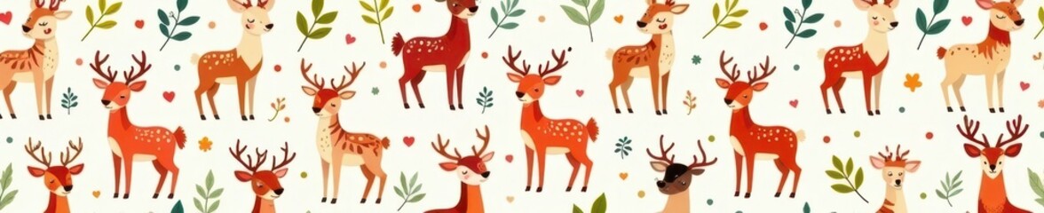 Cute cartoon red deer seamless pattern, woodland animals background, baby, repeat