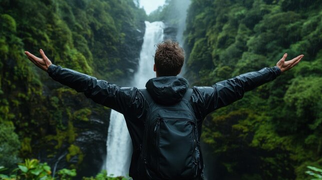 A man is standing in front of a waterfall, wearing a black jacket and a backpack
