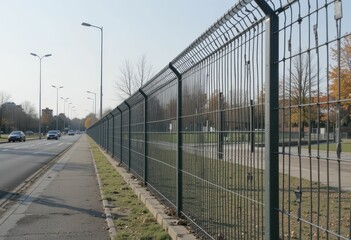 Chain Link Fence Along Sidewalk in Urban Area with Street View