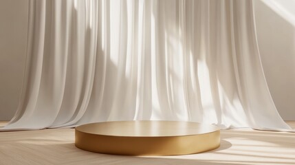 Elegant Minimalist Studio with White Drapes and Round Golden Platform