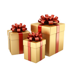Obraz premium Elegant Gold Gift Boxes with Red Bows for Holidays isolated on transparent background