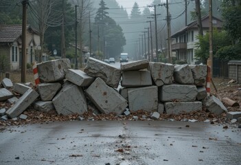 Roadblock of Concrete Barriers Amidst Foggy Street in Urban Area
