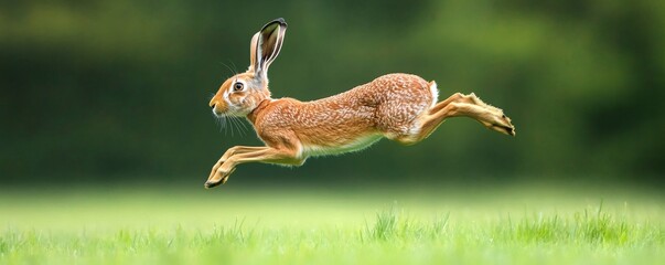 A brown hare gracefully leaping across a vibrant green field